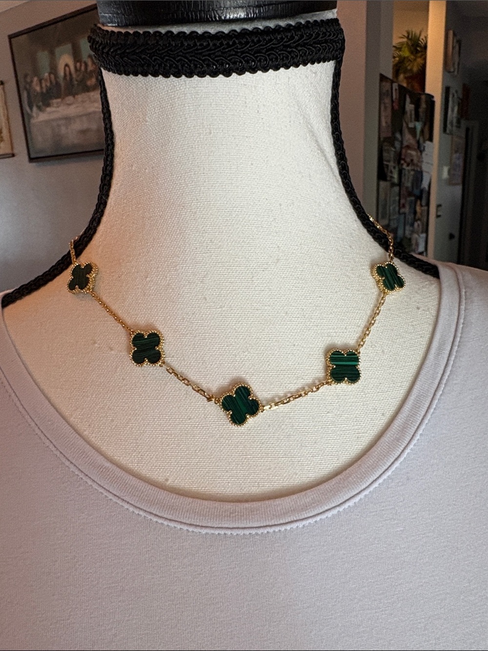 Gold Chain Necklace with Green Clover Accents